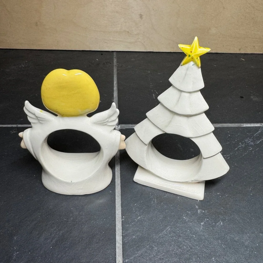 Vintage Ceramic Christmas Napkin Rings Angel and Christmas Tree White Yellow Set